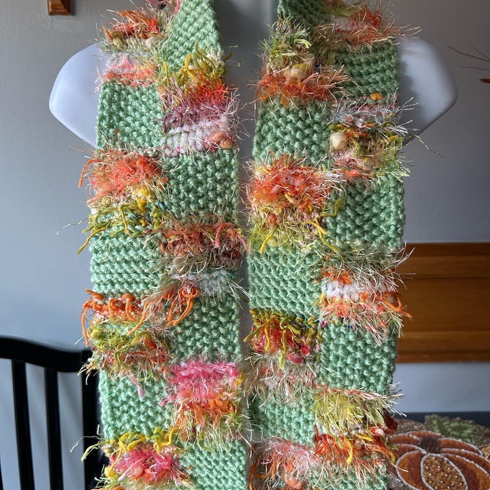 Handcrafted Green and Multicolor Knit Scarf